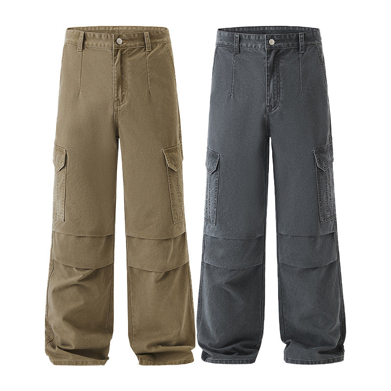 American Retro Multi-Pocket Washed Cargo Pants for Men – Mid Waist Cotton Trousers