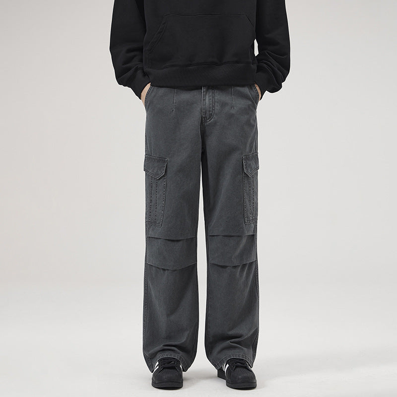 American Retro Multi-Pocket Washed Cargo Pants for Men – Mid Waist Cotton Trousers