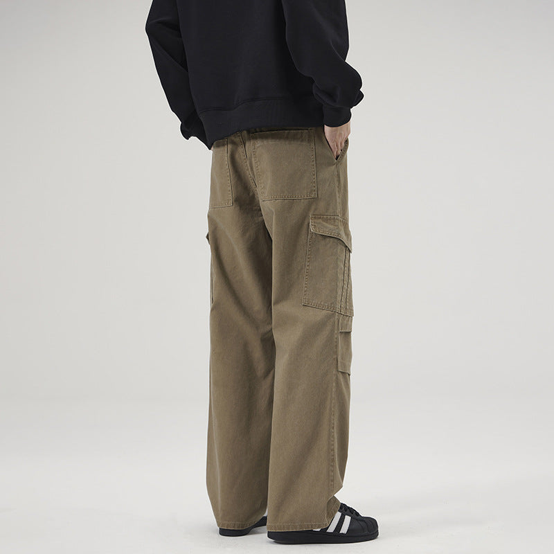 American Retro Multi-Pocket Washed Cargo Pants for Men – Mid Waist Cotton Trousers