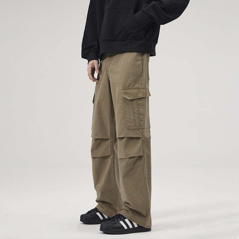 American Retro Multi-Pocket Washed Cargo Pants for Men – Mid Waist Cotton Trousers