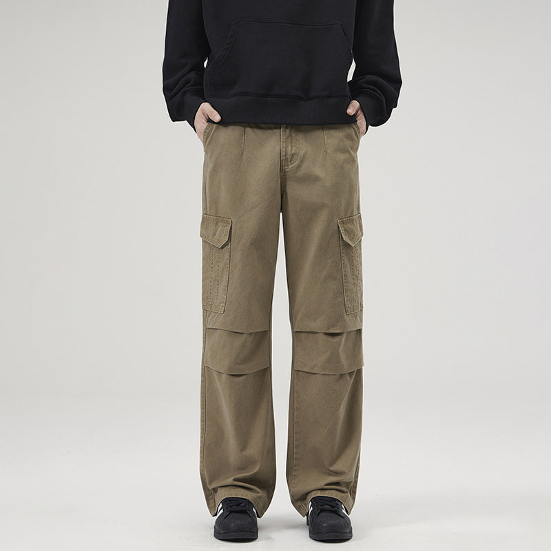 American Retro Multi-Pocket Washed Cargo Pants for Men – Mid Waist Cotton Trousers