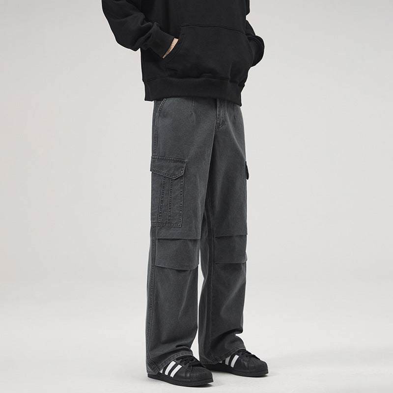 American Retro Multi-Pocket Washed Cargo Pants for Men – Mid Waist Cotton Trousers